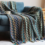 couverture plaid bohème ethnique rouge orange marron turquoise beige zigzag franges adaptable maison