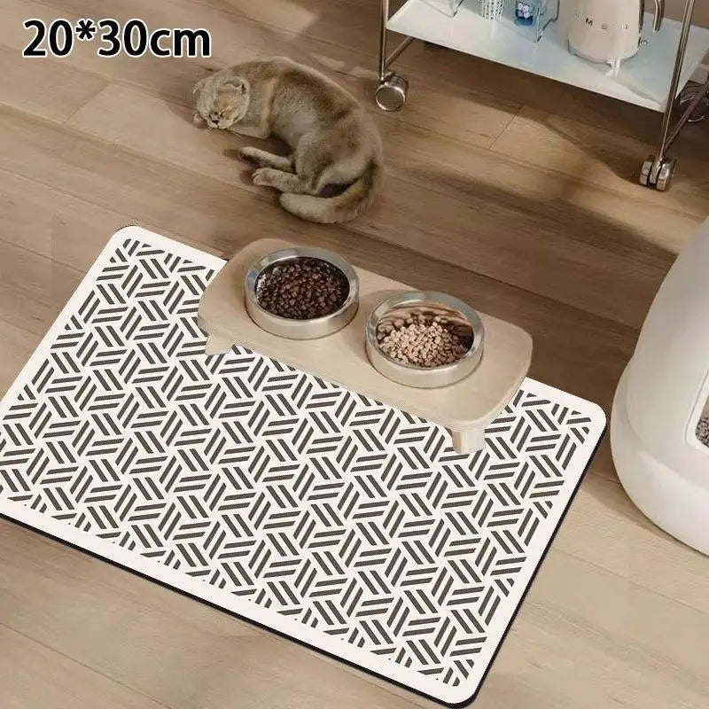 tapis nourrir animal blanc gris motif géométrique moderne anti dérapant deux bols métal