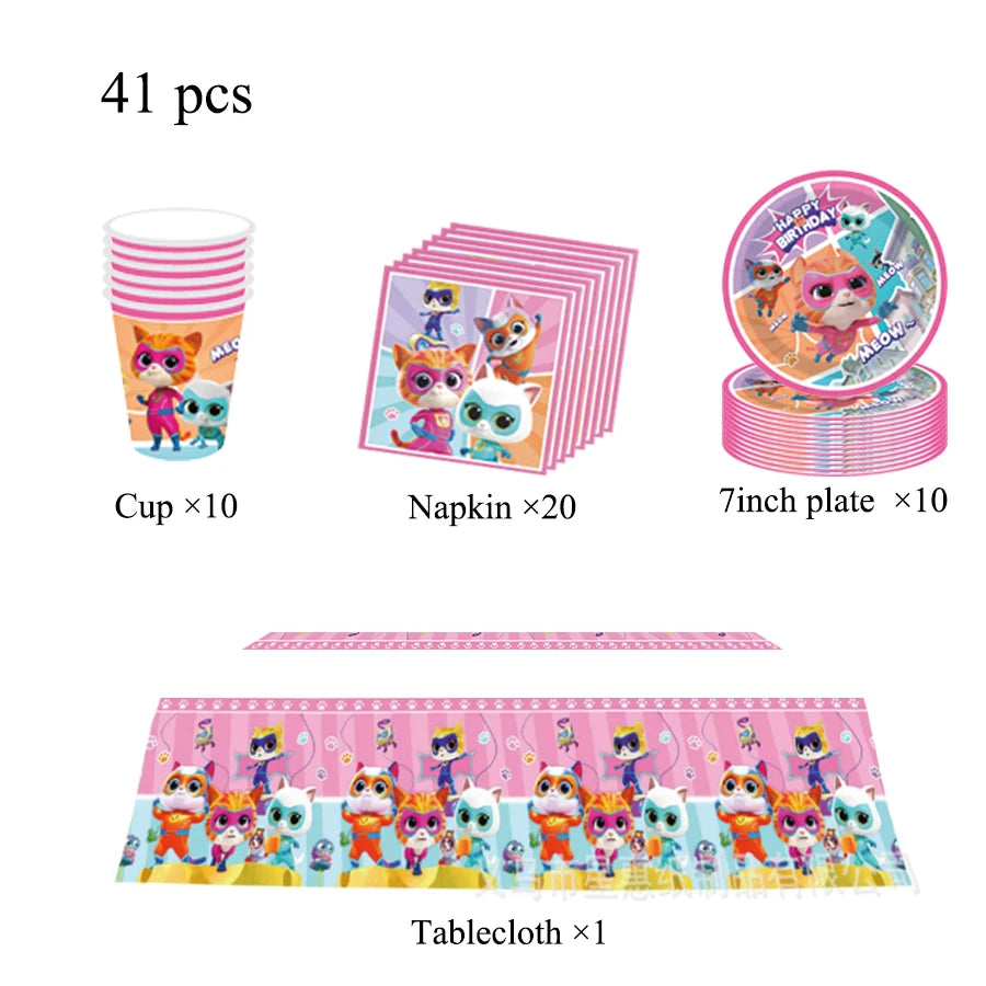 accessoires fête dessins animés chats mignons assiettes serviettes gobelets bannière décoration gâteau ruban table