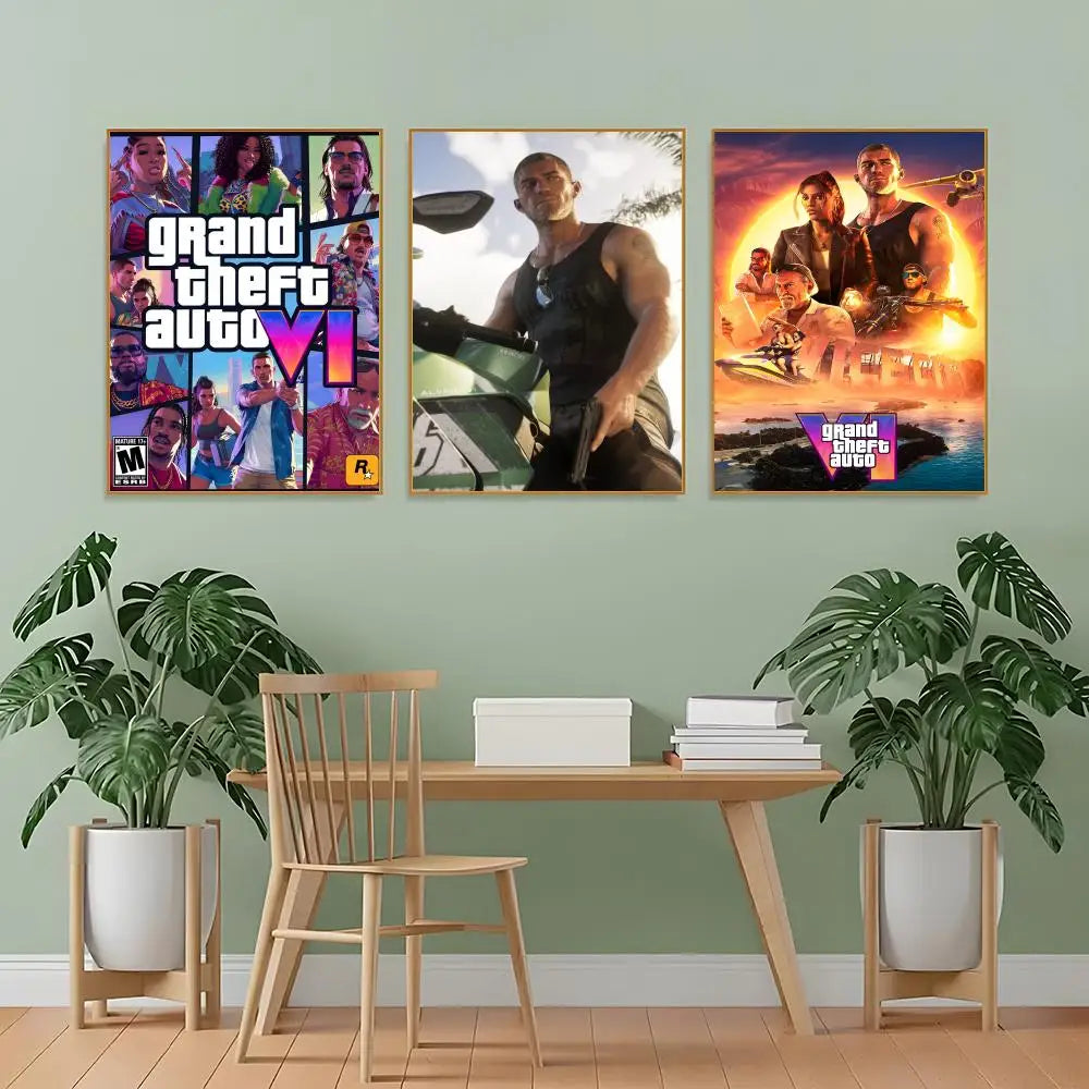 affiche jeu vidéo grand theft auto vi multicolore personnages scènes verte bleue moderne artwork