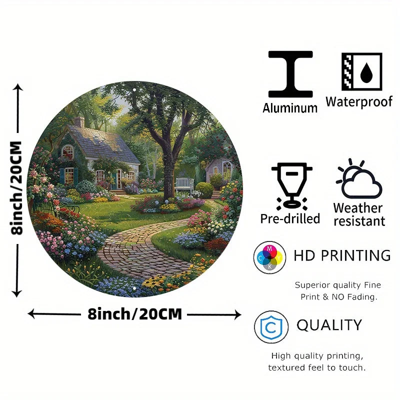 décoration murale ronde paysage rural jardin fleuri maison chemin pavé arbres multicolore 20cm