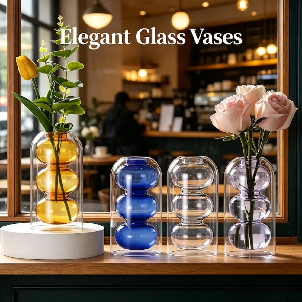 vase moderne verre transparent sphères imbriquées arrangement floral décoration intérieure minimaliste bleu gris jaune