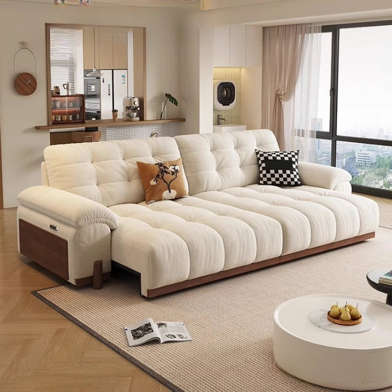 canapé lit moderne velours beige gris oreillers 216cm 92cm 115cm bois remplissage éponge