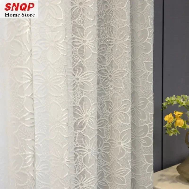 rideau blanc fleurs transparent classique fenêtre française polyester brodé