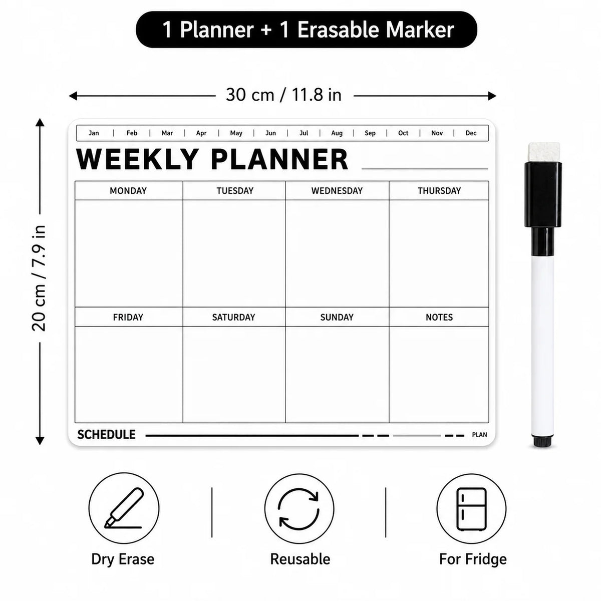 planificateur hebdomadaire aimant blanc minimaliste frigo marqueur effaçable notes cuisine