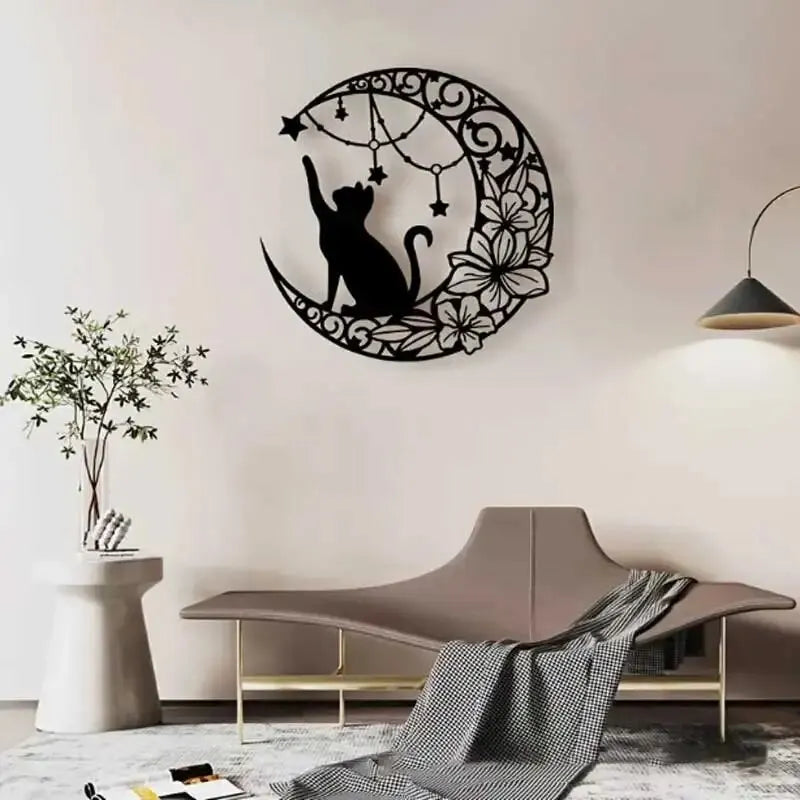 décoration murale silhouette chat noir lune fleurs étoiles métal artisanal moderne