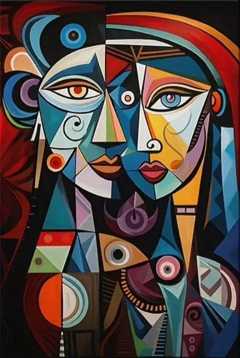 tableau abstrait géométrique moderne toile impression cubiste contrasté bleu rouge noir blanc orange vert
