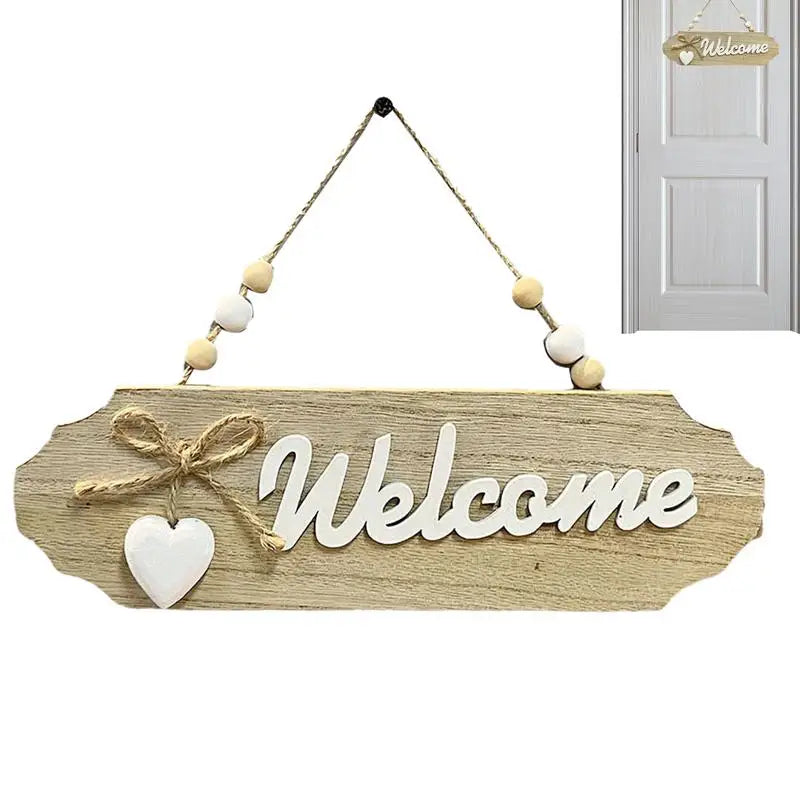décor maison panneau welcome bois clair rustique lettres relief saisonnier ornement entrée fixe corde
