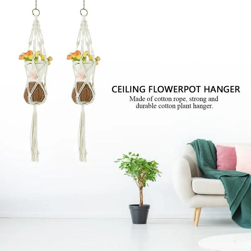 Support plante suspendue macramé blanc artisanal pot transparent