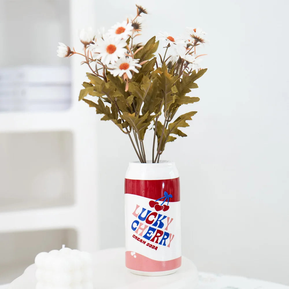 vase céramique moderne forme canette rouge blanc rose décoration intérieure pop artbranches sèches fleurs