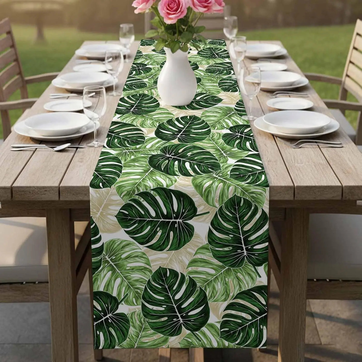 chemin table lin motif feuilles tropicales vert moderne décoration intérieure été cuisine salle manger