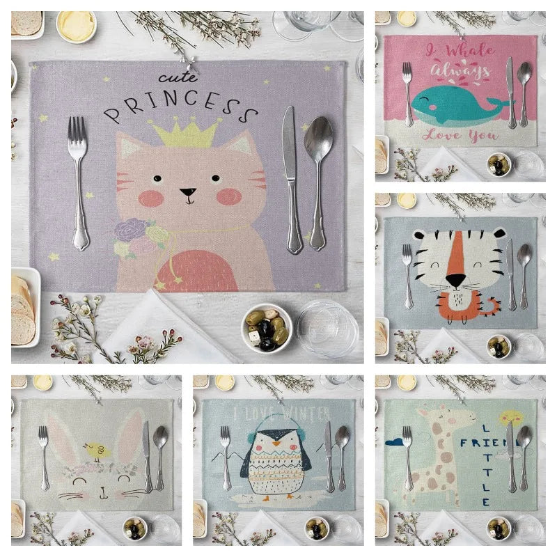 serviette table lin motif animaux enfant décorative coton gris rose bleu beige