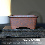 Pot bonsaï argile marron texture gréseuse motifs géométriques classique rustique fleur plante verte décoration