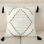 coussin carré boho noir blanc motif géométrique tassel polyester amovible lavable