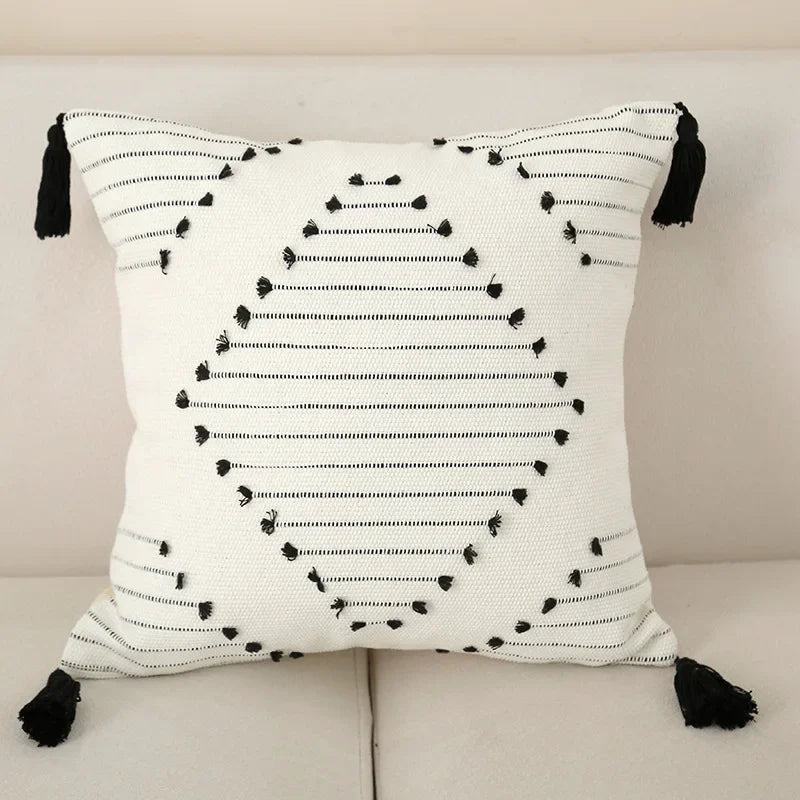 coussin carré boho noir blanc motif géométrique tassel polyester amovible lavable