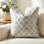 coussin carré jacquard géométrique contemporain beige gris bleu doré polyester 45x45cm