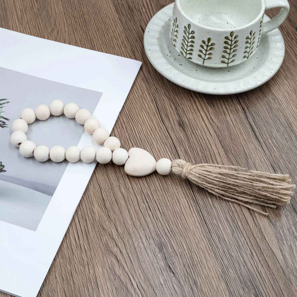 bracelet boho chic rondes coeur relief pompon coton beige clair unique naturel