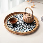 assiettes rotin naturel fleurs motifs floraux mosaïque traditionnel artisanal set deux