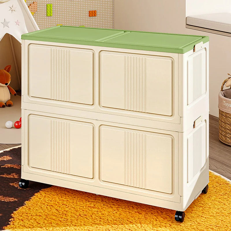 rangement mobile pliable rectangle moderne couleur beige vert orange lignes verticales roulettes tapis sol