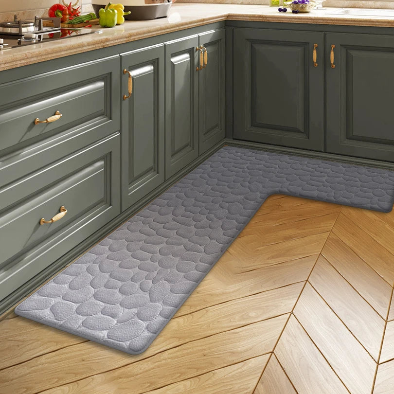 tapis sol cuisine salle bain porte gris clair cercles imprimés texture douce moderne