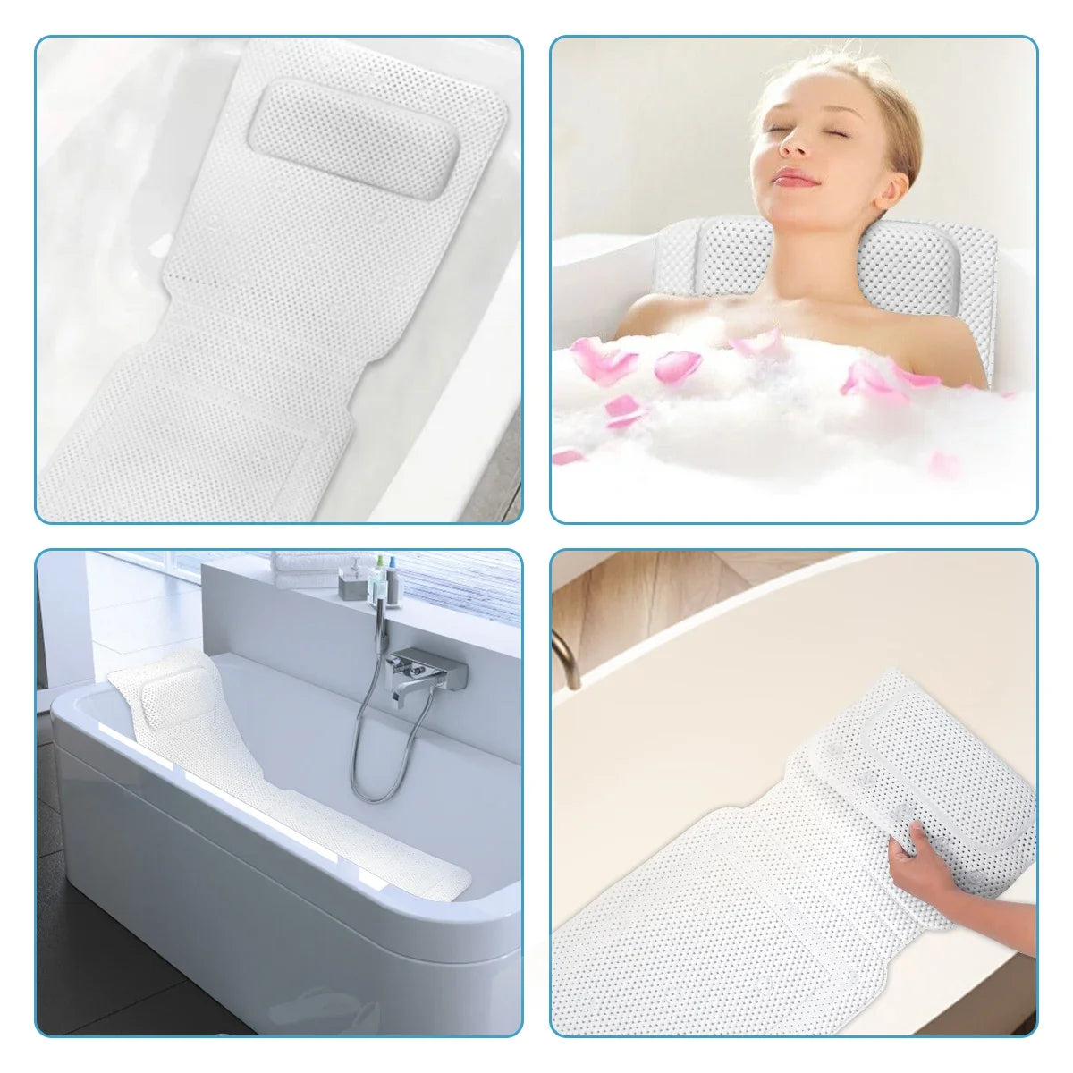 tapis bain blanc anti dérapant coussin tête ventouses alvéoles moderne sécurité salle bain