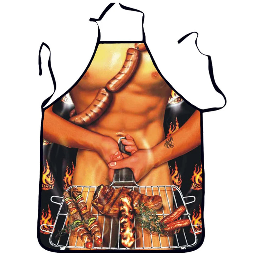 tablier cuisine multicolore saucisses viandes grillées humoristique torse masculin nu cordon noir opaque