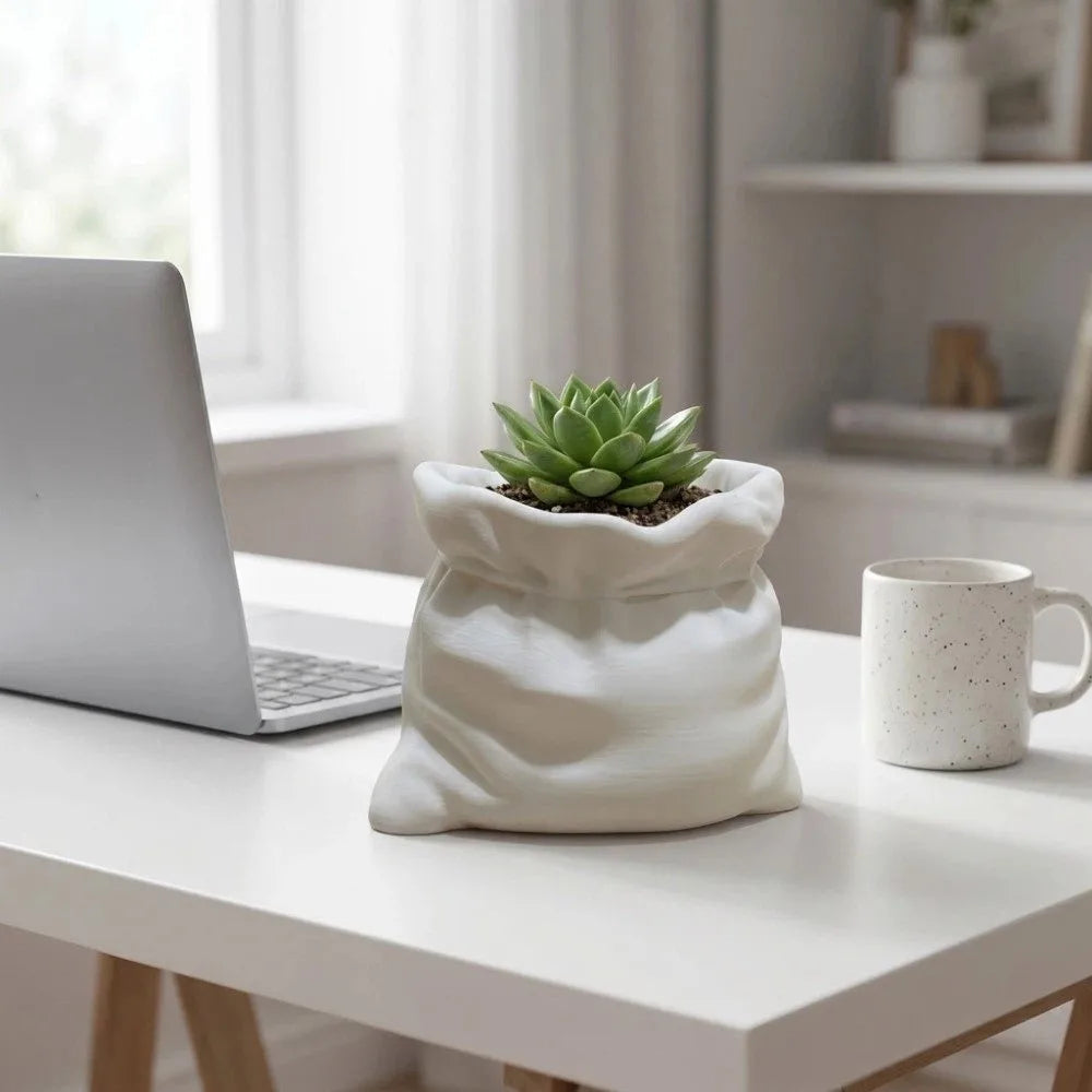 pot fleurs forme sac blanc texture tissu moderne opacité plantes intérieur décoration chambre minimaliste