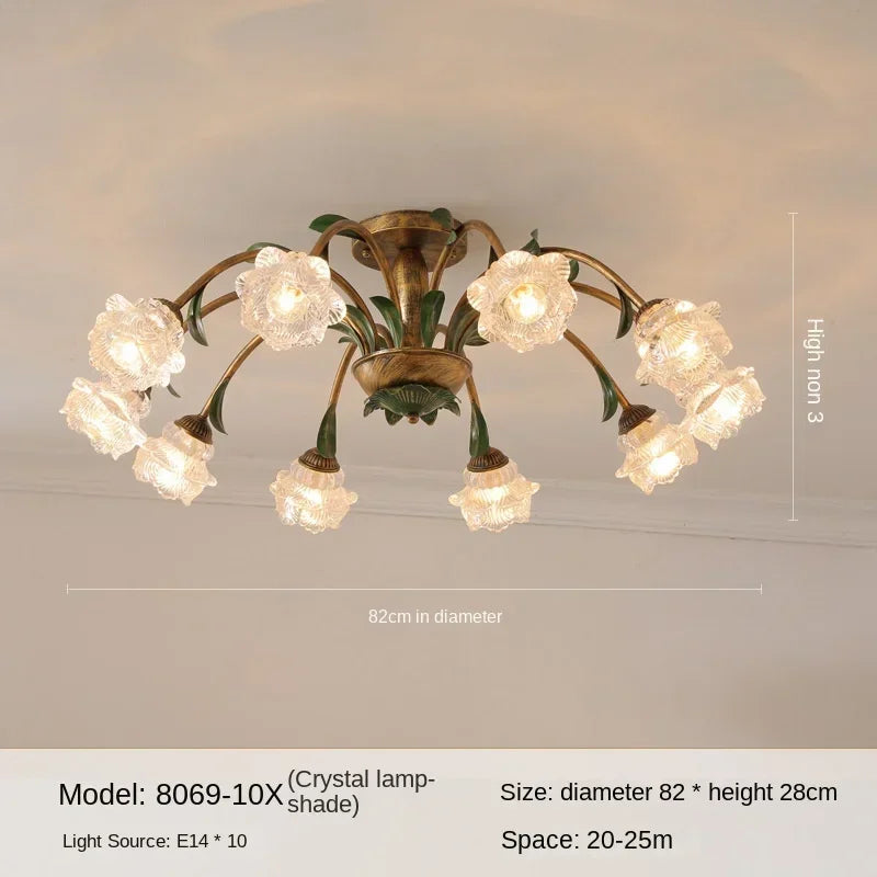 lampe vintage fleurs verre feuilles métal doré vert salon chambre