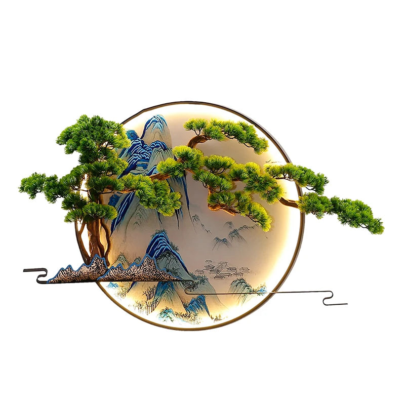 lampe murale décorative paysagère artisanale vert bleu beige doré montagnes arbres eau nuages