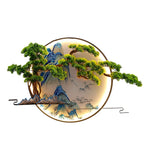 lampe murale décorative paysagère artisanale vert bleu beige doré montagnes arbres eau nuages