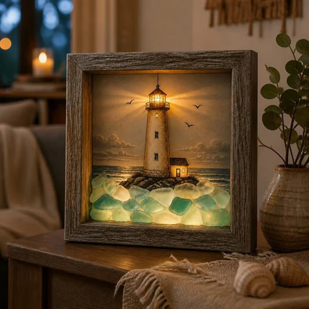 veilleuse lumineuse phare cadre décoratif rustique maison océan soul pierres motifs montagne bateau