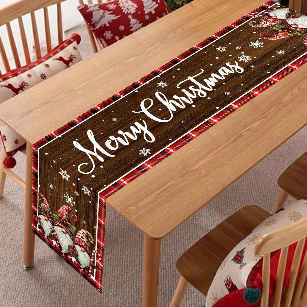 chemin table noël motifs lutins flocons carreaux bois marron blanc rouge vert festive rustic