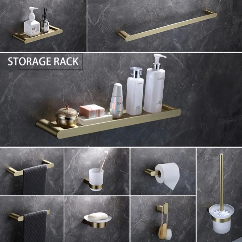 ensemble accessoires salle bain mural porte serviette porte savon porte brosse métal or