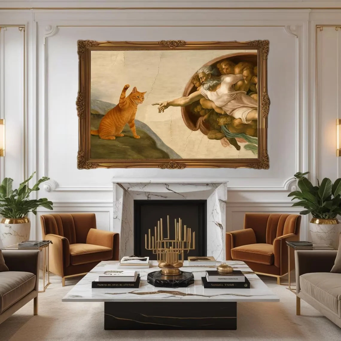 tableau religieux classique ange chat toile fond beige sans cadre vertical