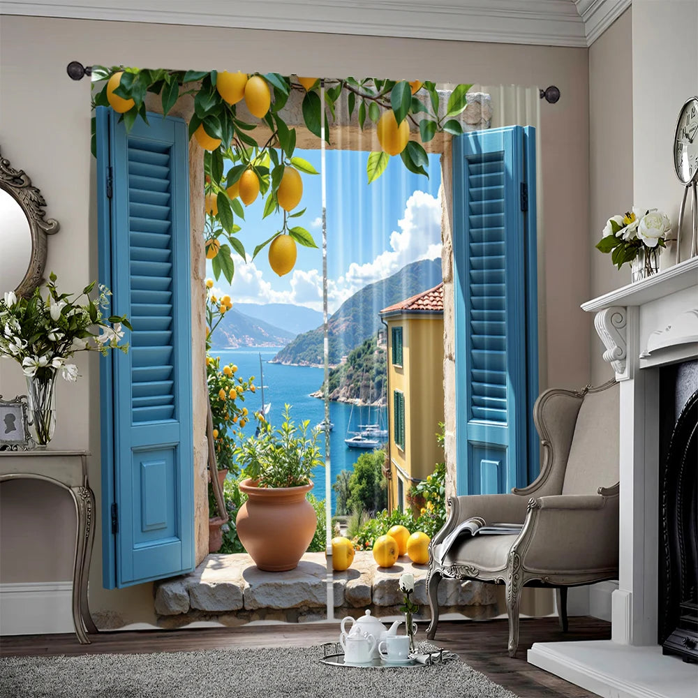 rideau moderne bleu citron feuilles paysage marin pièces polyester annelés