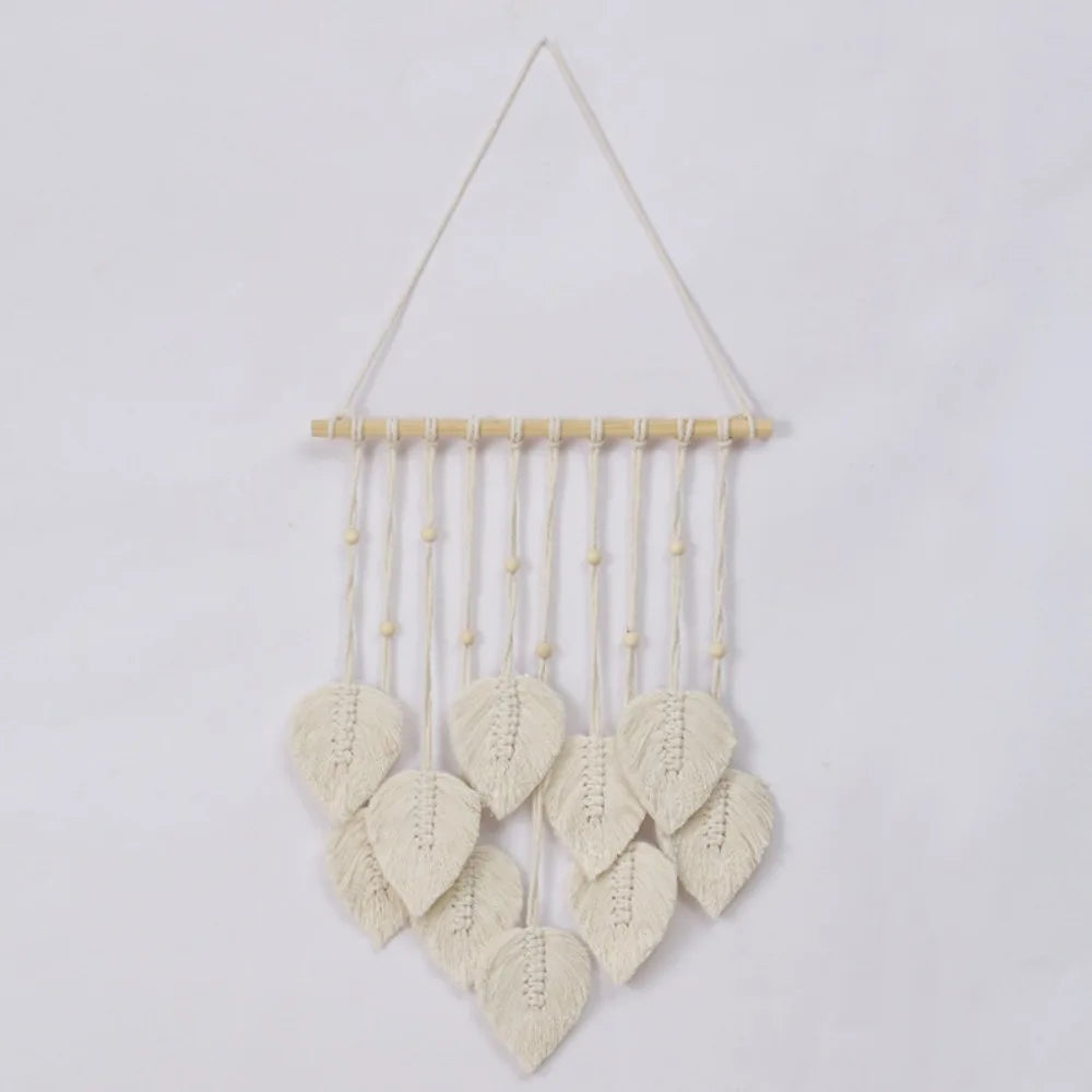 mobile mural vert blanc feuilles motif main tissée suspension simple decoration
