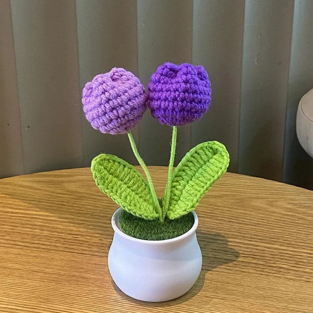 fleurs artificielles tricotées violet orange jaune rose blanche decoration maison tricot creatif artisanalintérieur