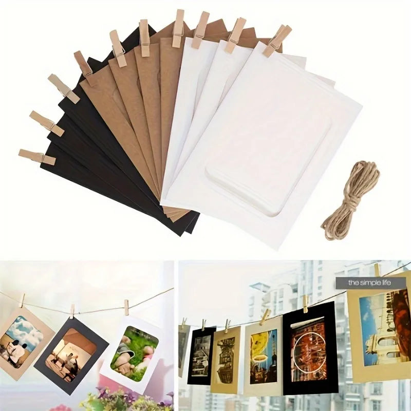 cadres photo papier kraft vintage clips bois cordelette décoration mur anniversaire mariage fêtes