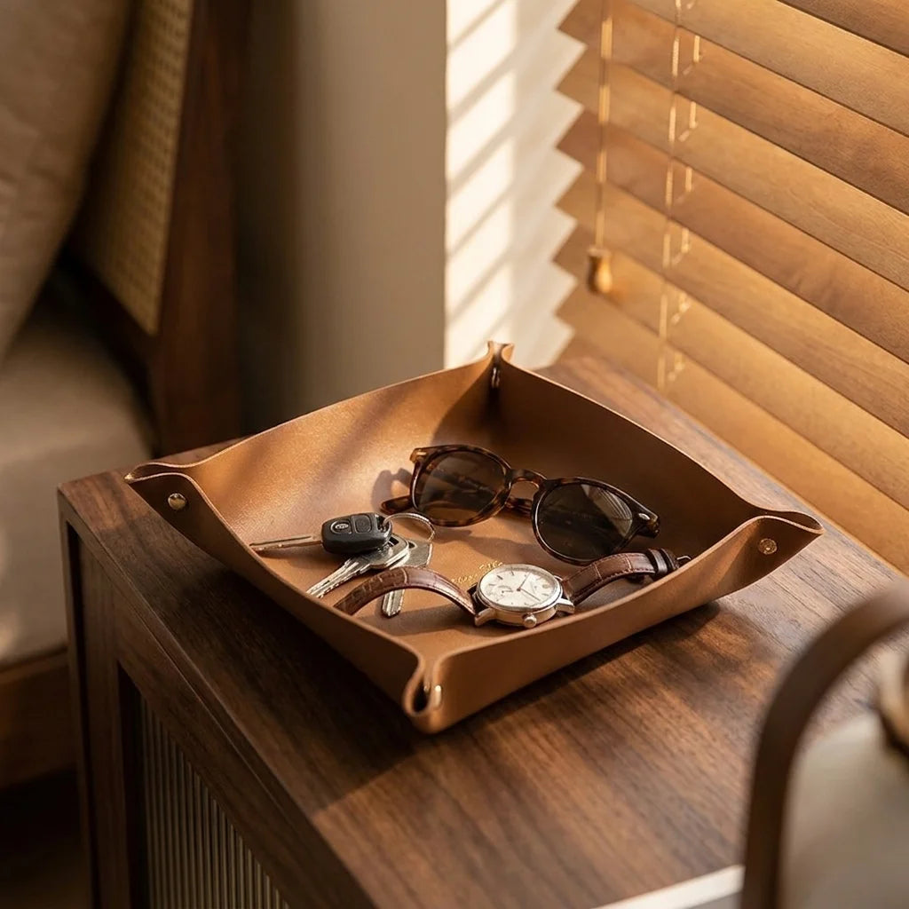 plateau rangement cuir marron minimaliste modernes élégants dorés clés bijoux cosmétiques porte clés organizer