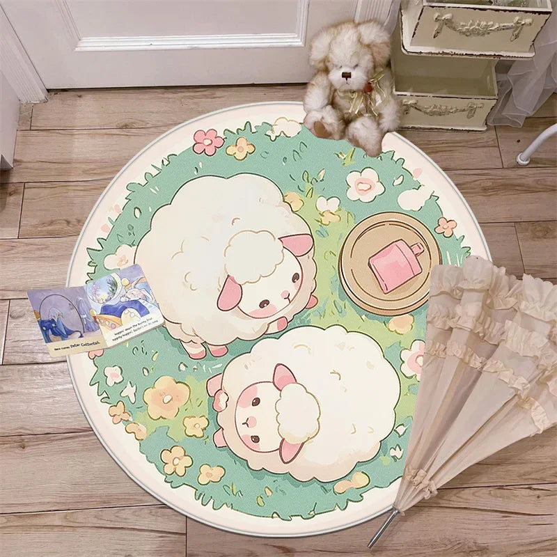 Tapis moelleux de forme circulaire avec des motifs de petits moutons et de fleurs colorées, créant une ambiance chaleureuse et apaisante dans cette pièce.