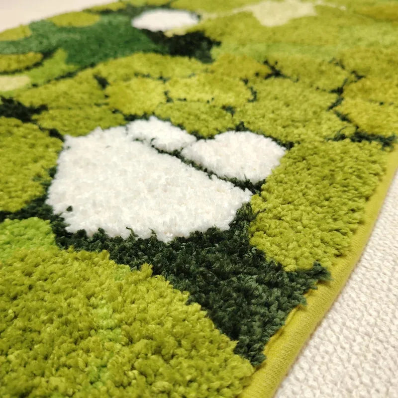 tapis velours polyester antidérapant fleurs blanches vert moderne chambre salon decoration interieur travel camping