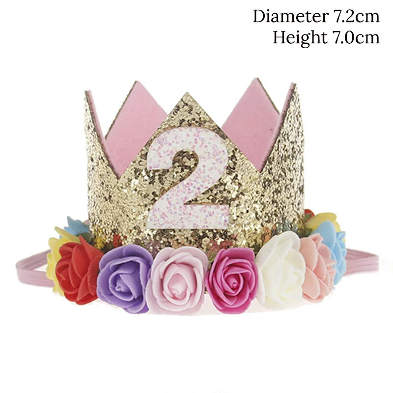 couronne enfant anniversaire ans paillettes or rose blanche fleurs artificielles bandeau élastique princesse festif