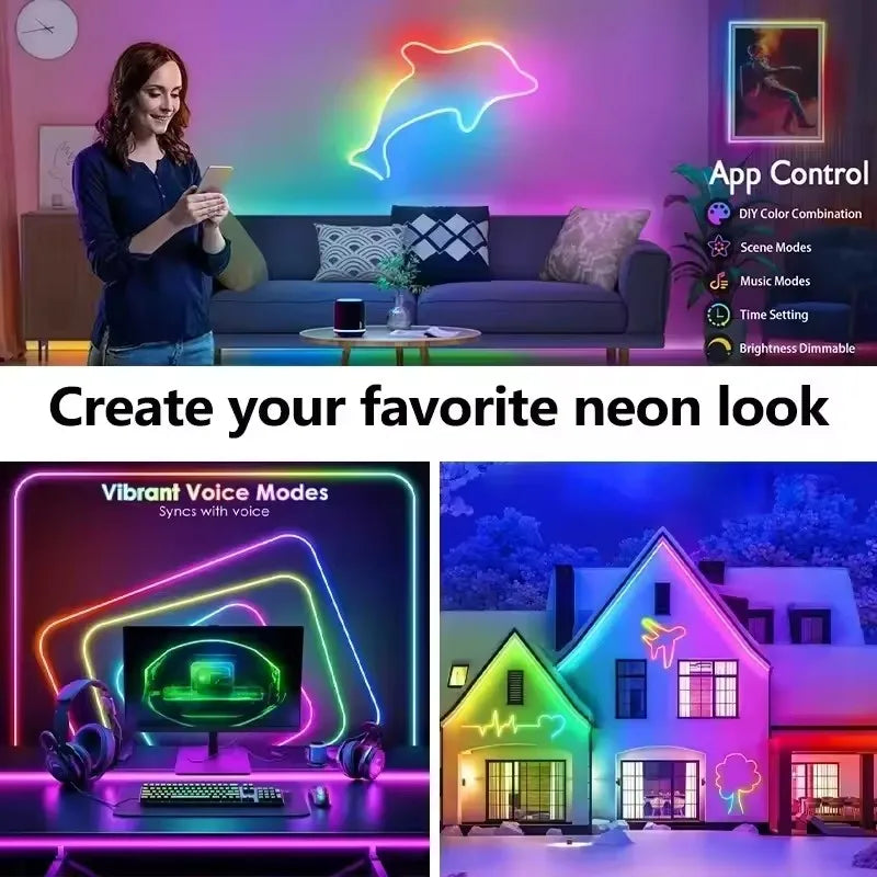 ruban led néon multicolore 24v bluetooth télécommande moderne clips mural 10m 15m 20m adaptateur