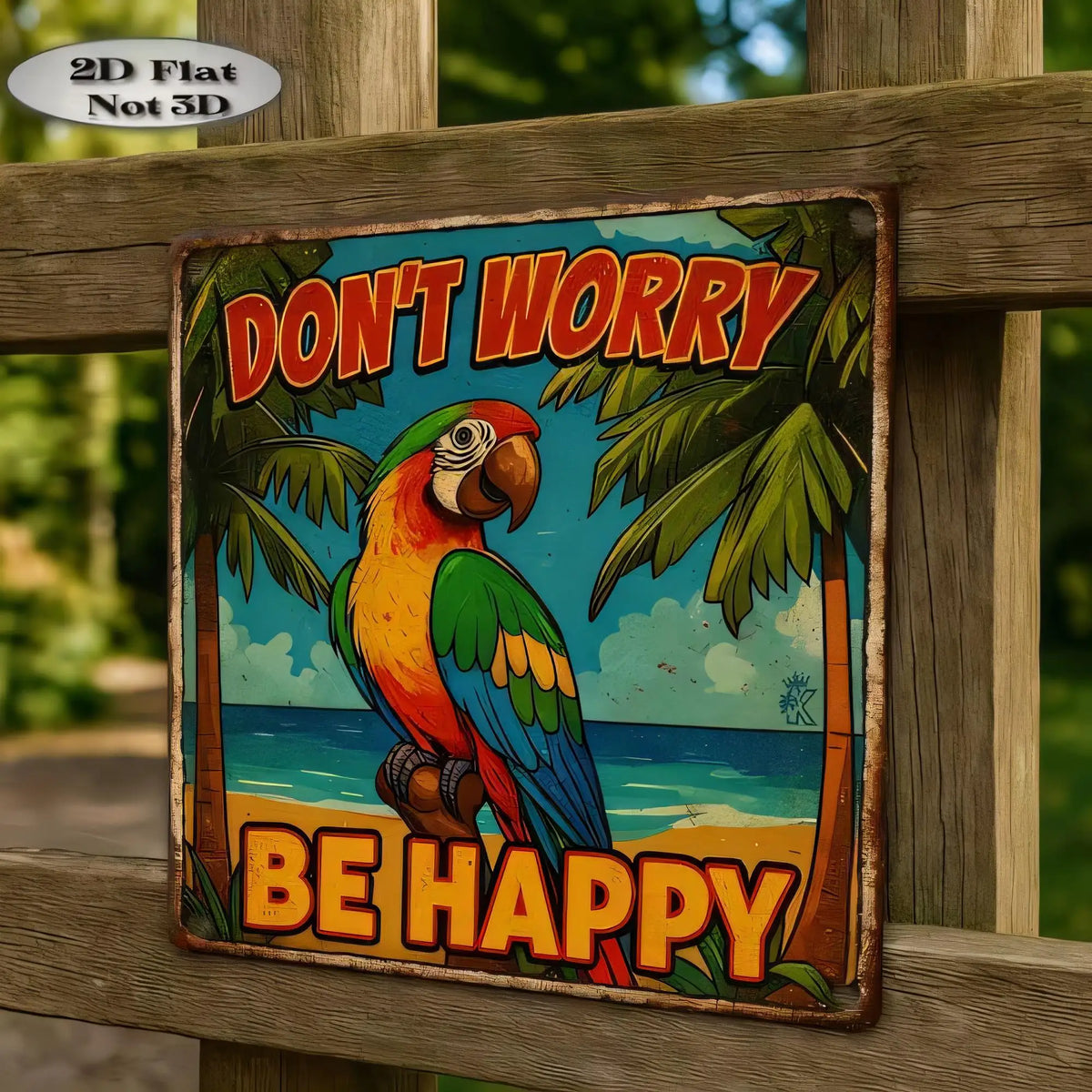 plaque décorative moderne perroquet don't worry be happy aluminium 20x30cm trous suspension minimalist gris