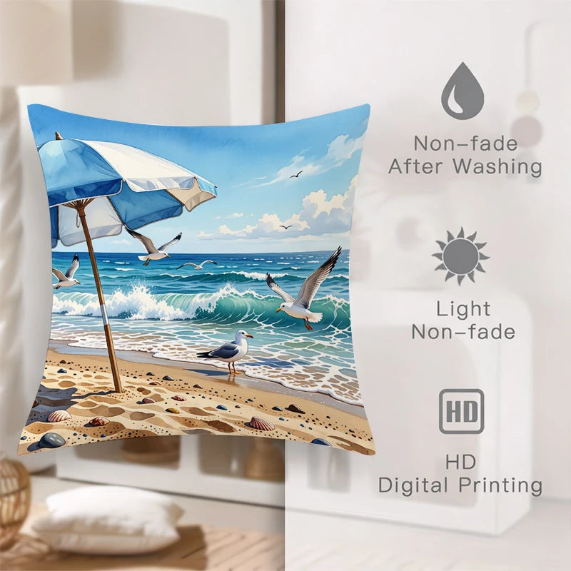 taie d'oreiller motif plage bleu blanc moderne maison 40x40cm 45x45cm 50x50cm 60x60cm polyester peachskin