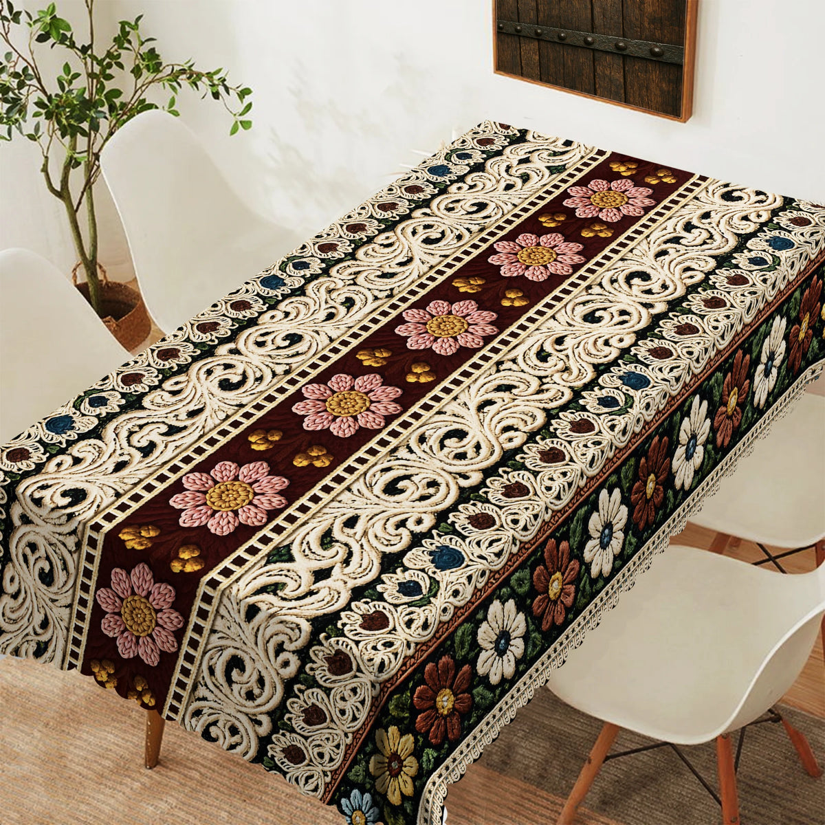 nappe fleur broderie traditionnelle imperméable lavable extérieur mariage fête rectangle round