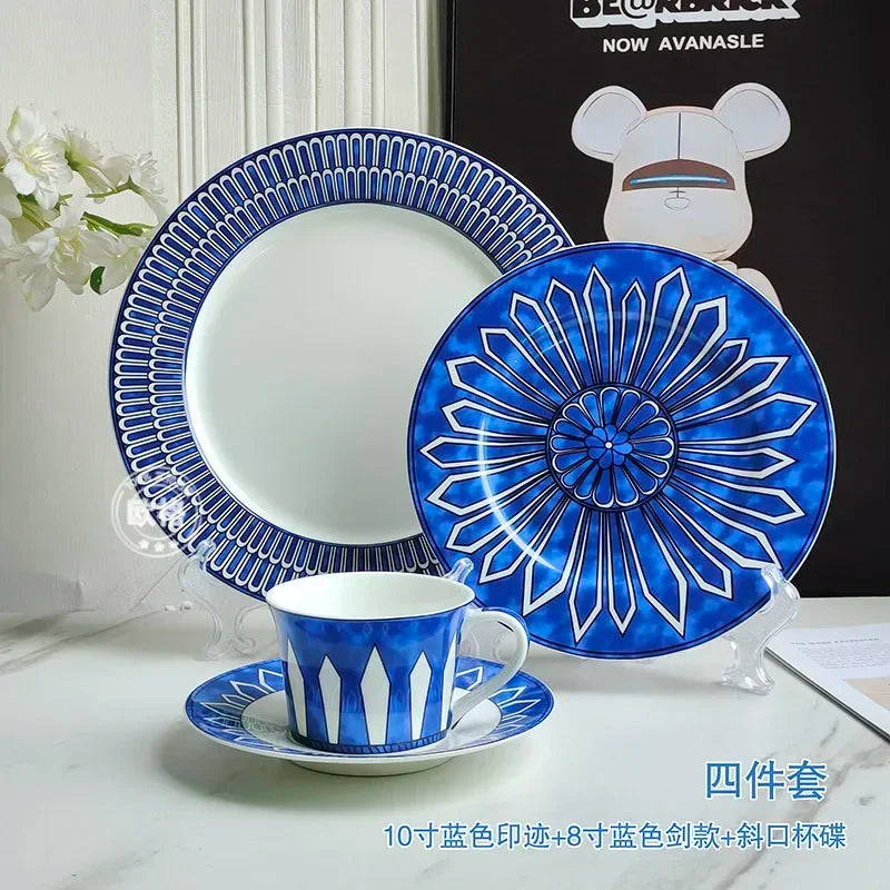 assiettes bleu motif floral tasse blanc classique opacité