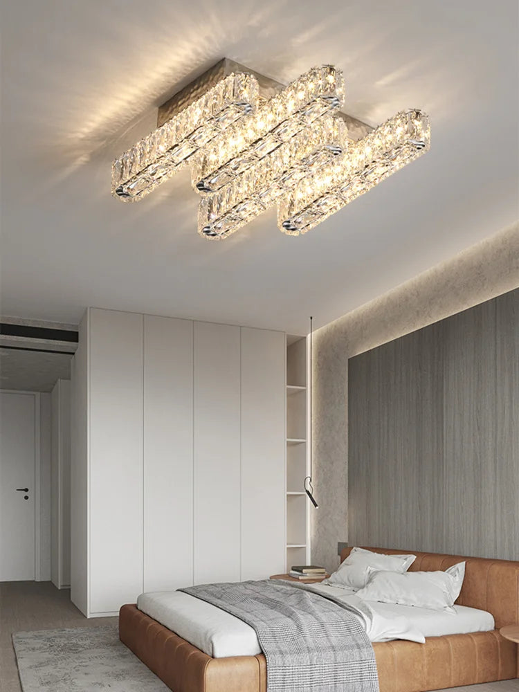 Lampe suspension cristal transparente argentée moderne tringle acier inoxydable led dimmable 10 15m²
