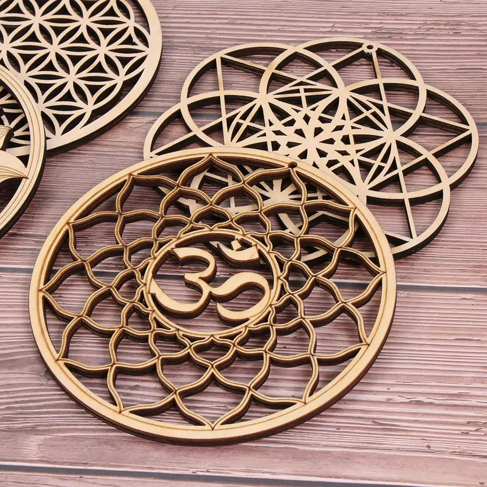 coasters bois clair gravure circulaire fleur vie om lotus minimaliste 14cm 30cm