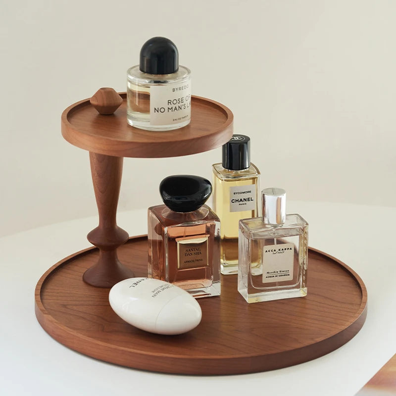 plateau bois deux niveaux moderne rangement tasses verres parfums cosmétiques bougie savonnette